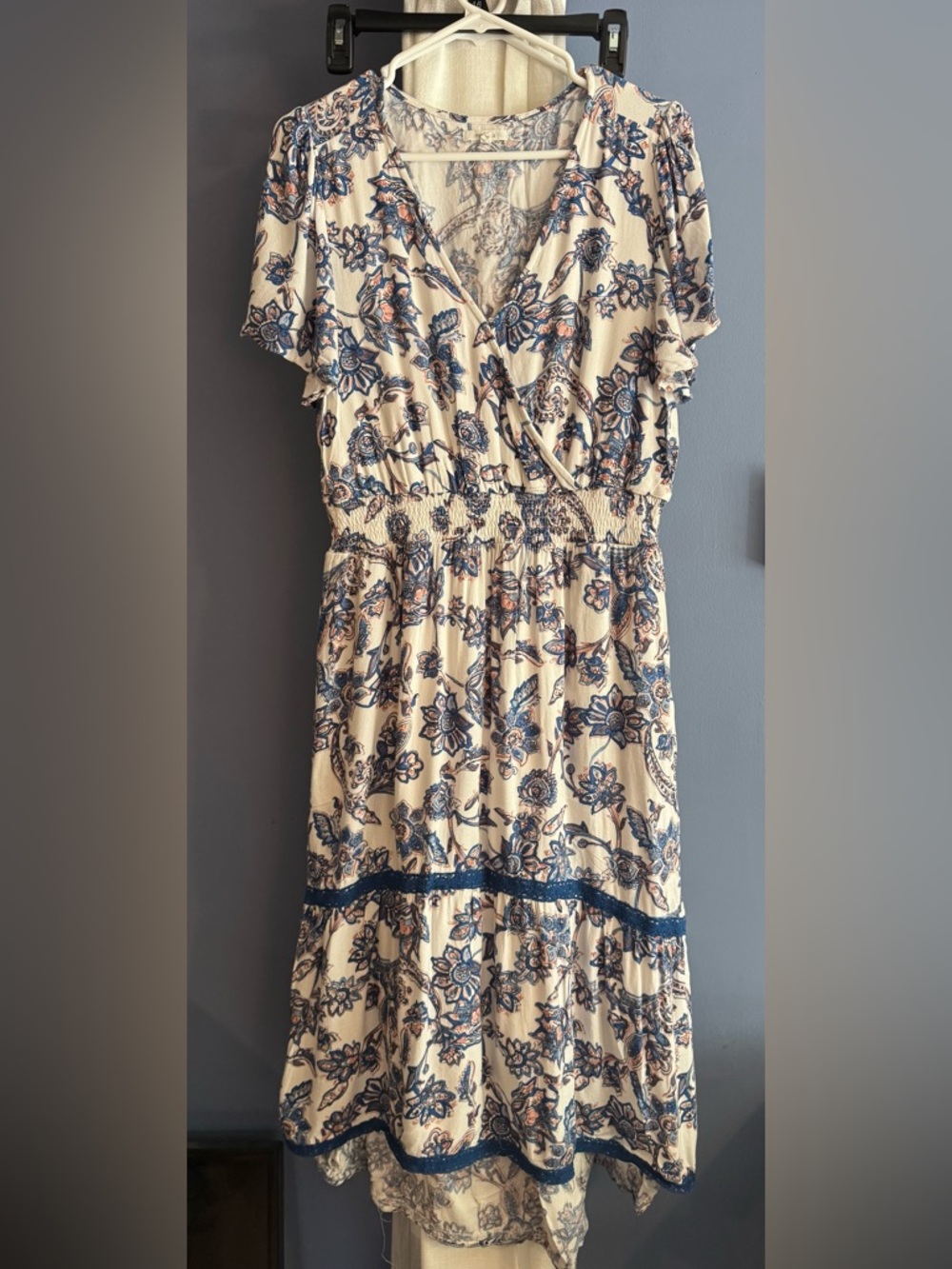 Maurices Cream Floral Wrap High-Low Dress with Blue Accents